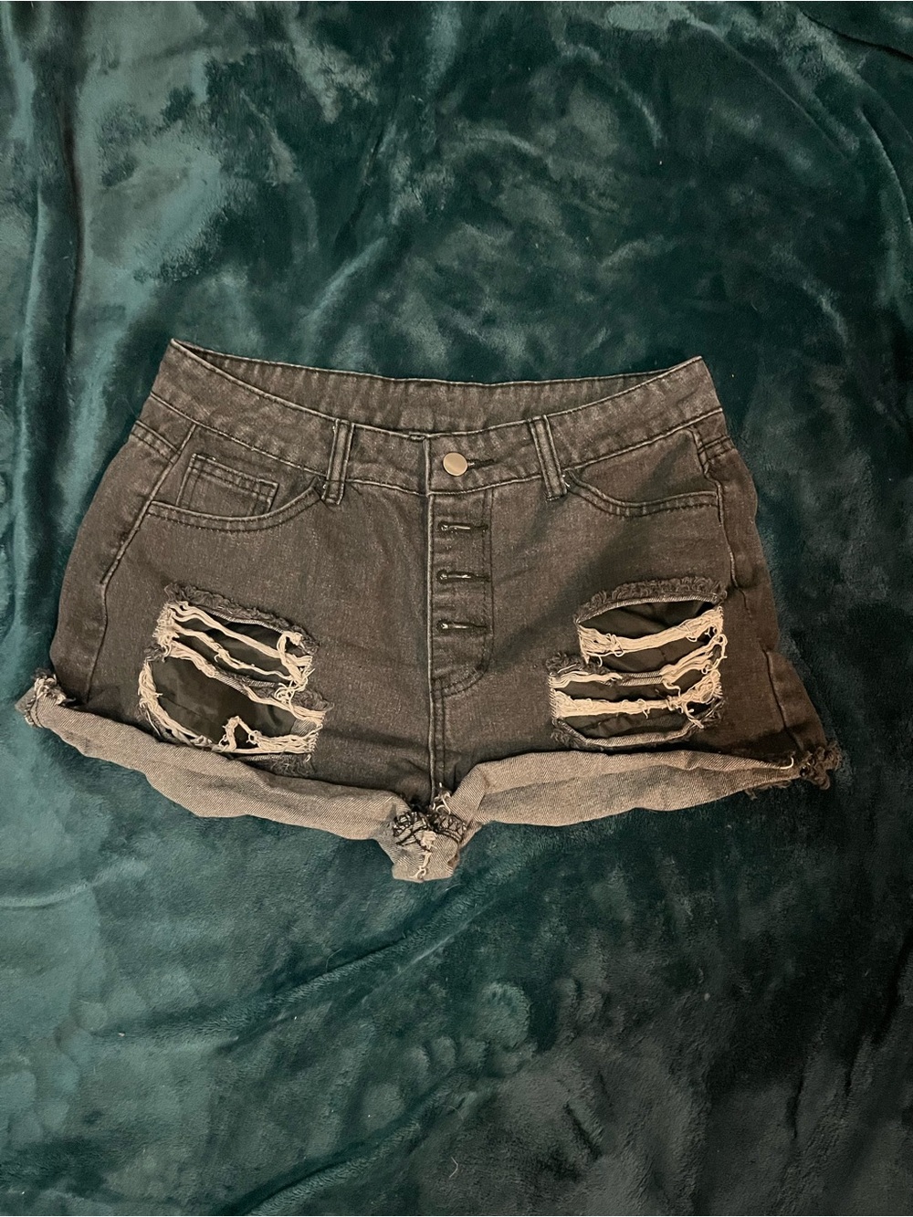 High-Rise Distressed Black Denim Shorts
